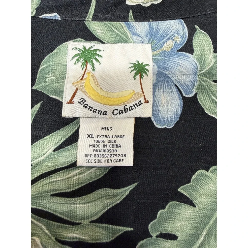 Banana Cabana Men XL Silk Tropical Hawaiian Shirt Black Floral Hibiscus RN103938
